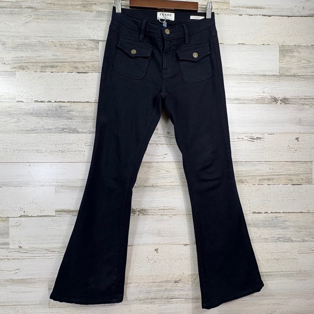 Frame Le High Flare Jeans Womens 25 Black Front Patch Pocket Chic Modern Uniform